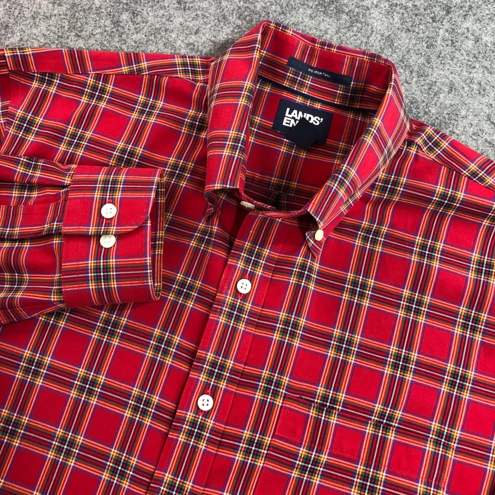 Lands End Mens Button Down Shirt M Tall Red Plaid No Iron Twill Traditional Fit